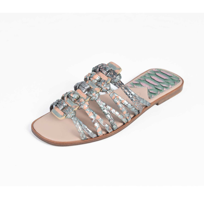Roman Shoes - Metallic Green and Salmon