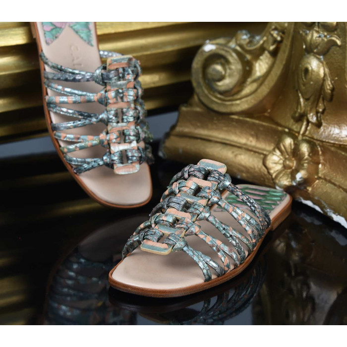 Roman Shoes - Metallic Green and Salmon