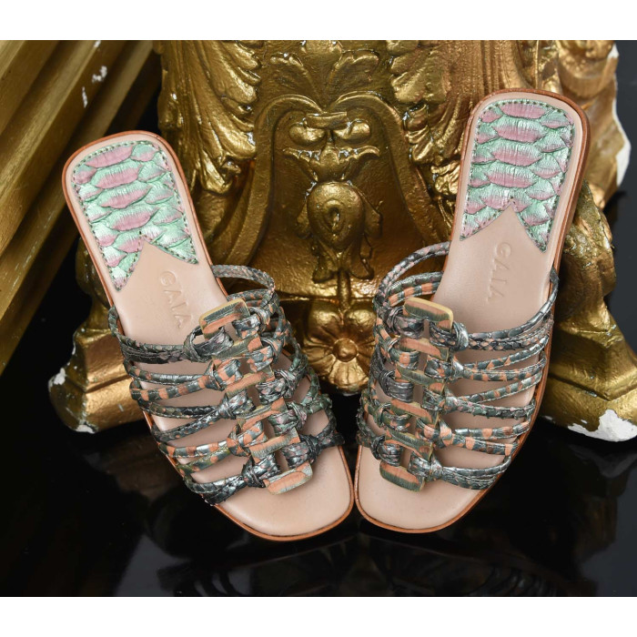 Roman Shoes - Metallic Green and Salmon